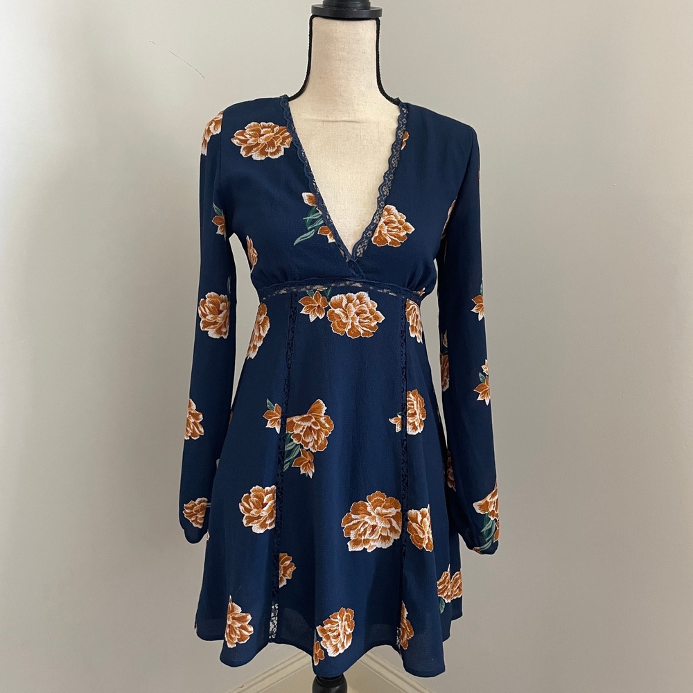 Floral‎ Mini Dress Small Long Sleeve Navy Orange Lace Trim VNeck Boho Bloomcore